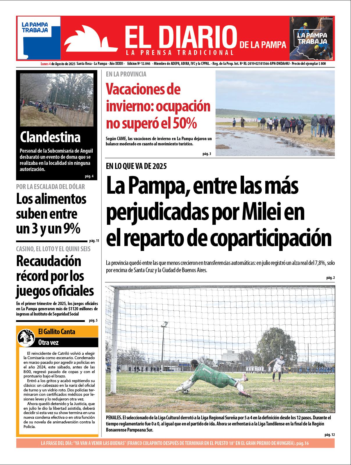 Tapa de El Diario en papel  lunes 04 de agosto de 2025